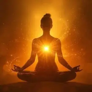 Frau meditiert im warmen orangefarbenen Licht, Engelenergie öffnet ihr Herz, spirituelle Heilung und wahre Liebe.